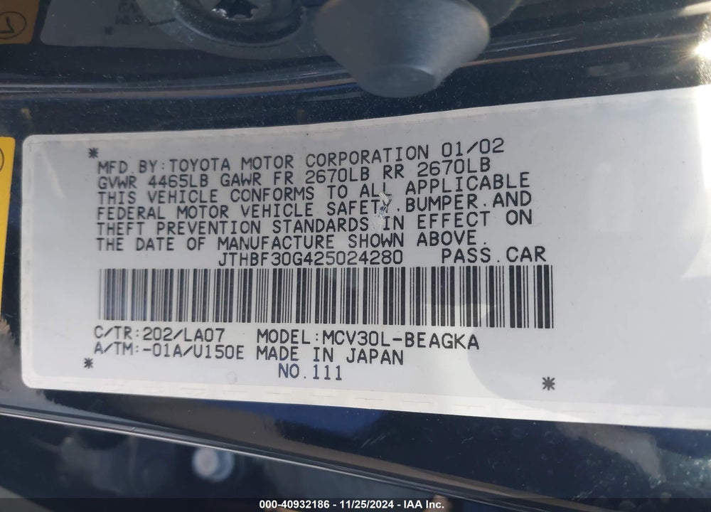 2002 LEXUS ES 300 VIN: JTHBF30G425024280
