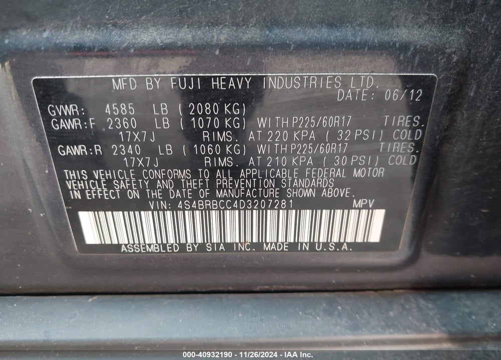 2013 SUBARU OUTBACK 2.5I PREMIUM VIN: 4S4BRBCC4D3207281