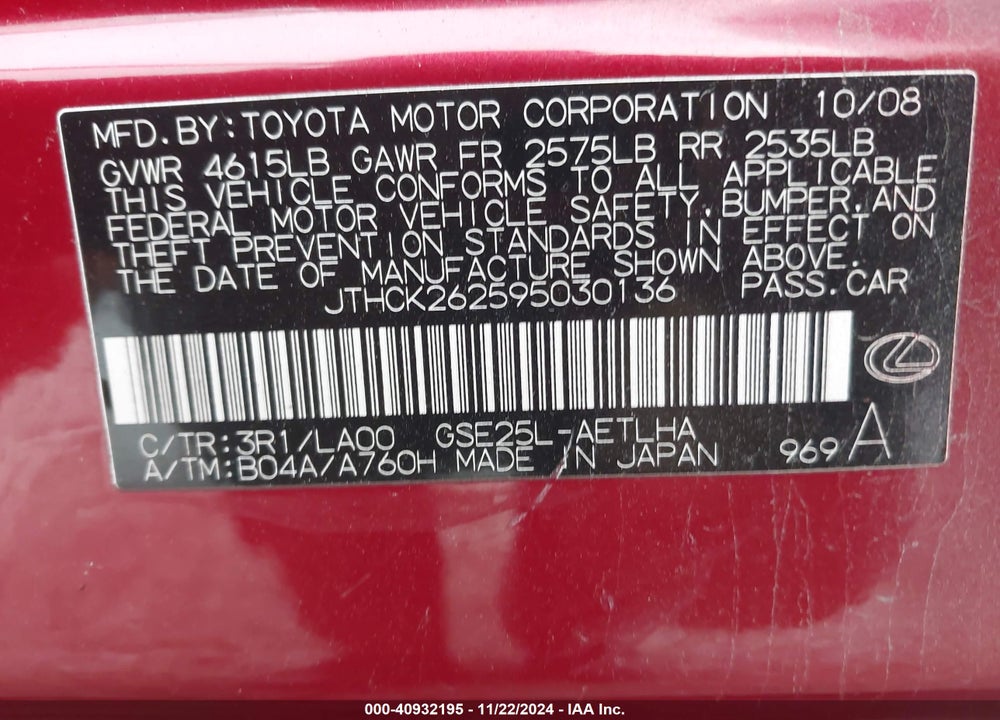 2009 LEXUS IS 250 VIN: JTHCK262595030136