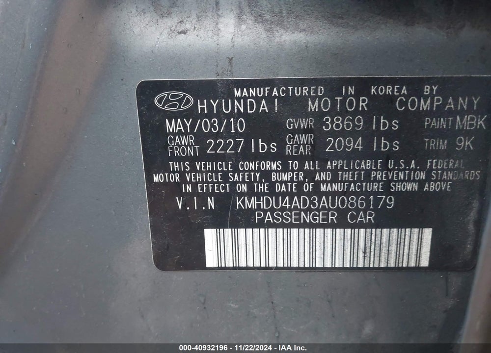 2010 HYUNDAI ELANTRA GLS VIN: KMHDU4AD3AU086179