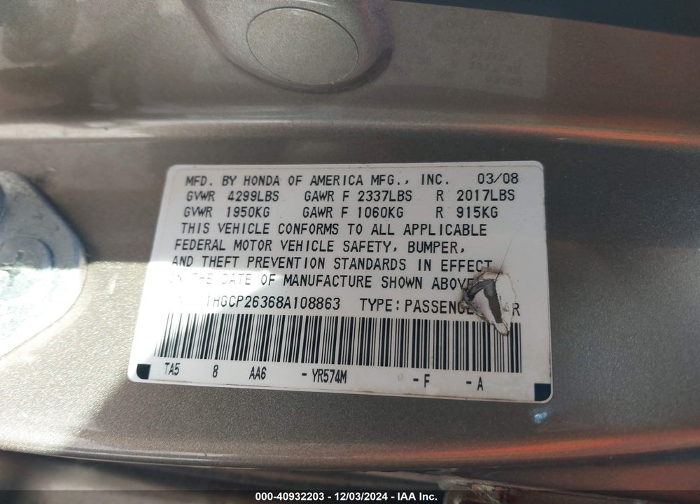 2008 HONDA ACCORD 2.4 LX VIN: 1HGCP26368A108863