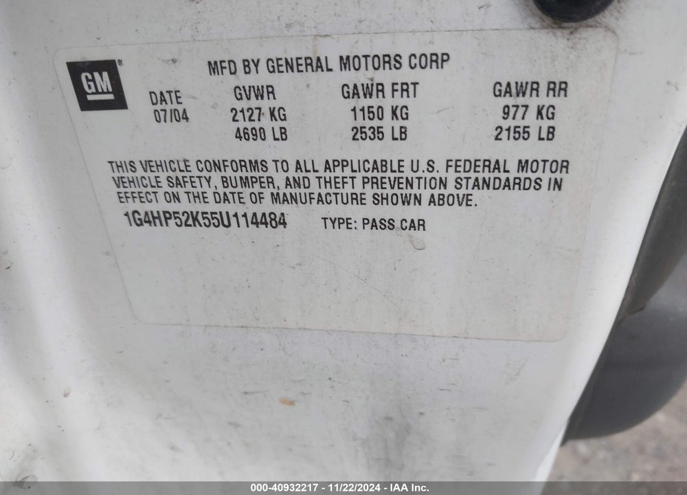 2005 BUICK LESABRE CUSTOM VIN: 1G4HP52K55U114484