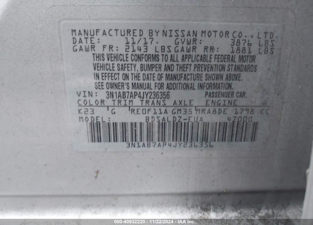 2018 NISSAN SENTRA VIN: 3N1AB7AP4JY236356