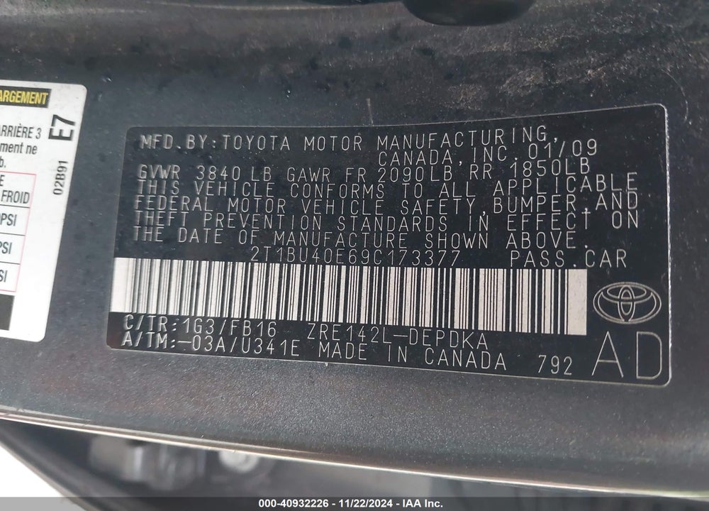 2009 TOYOTA COROLLA LE VIN: 2T1BU40E69C173377