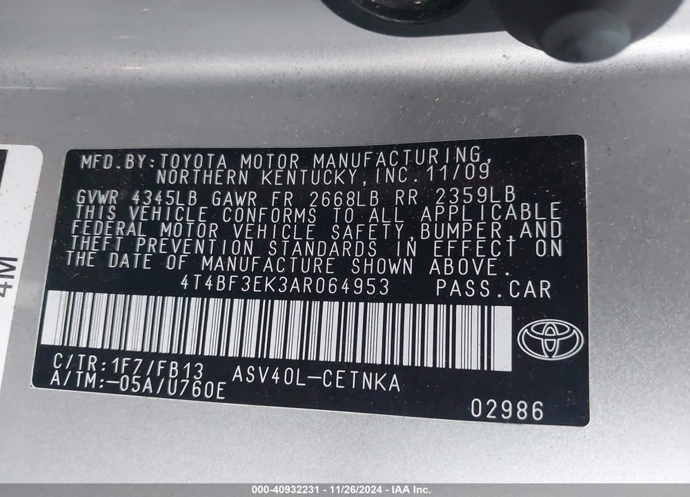 2010 TOYOTA CAMRY LE VIN: 4T4BF3EK3AR064953