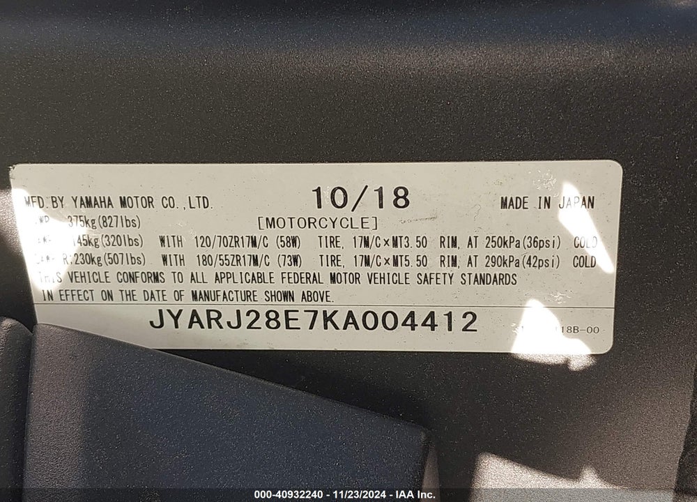 2019 YAMAHA YZFR6 VIN: JYARJ28E7KA004412