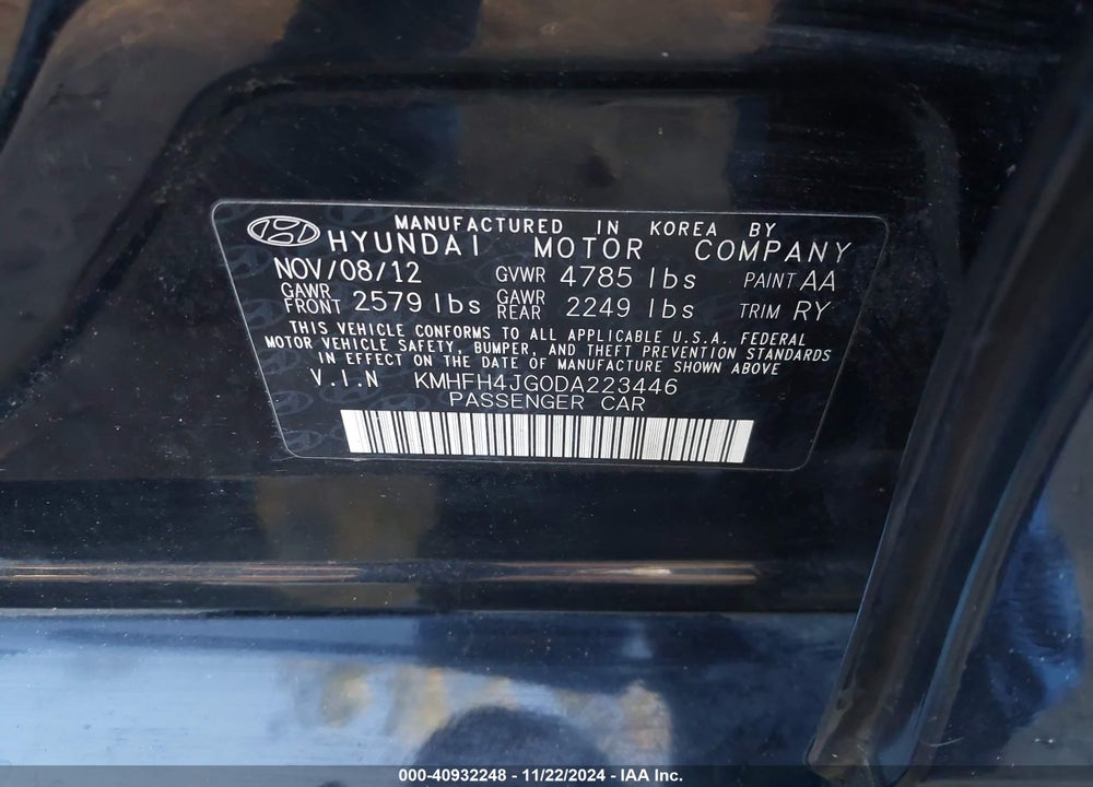 2013 HYUNDAI AZERA VIN: KMHFH4JG0DA223446