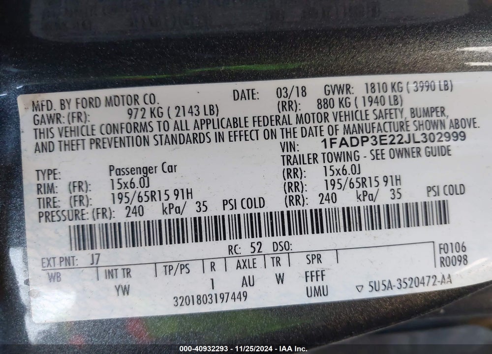 2018 FORD FOCUS S VIN: 1FADP3E22JL302999