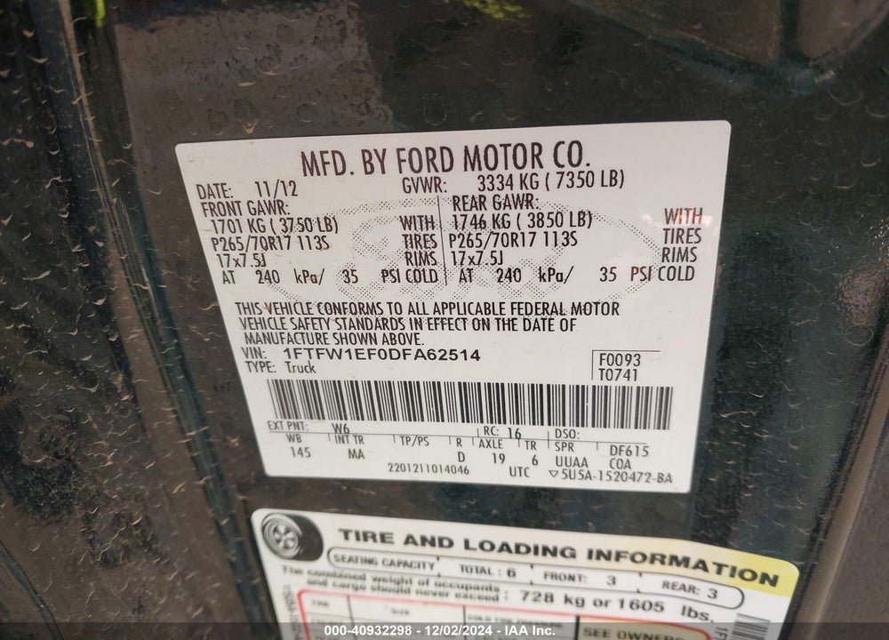 2013 FORD F-150 XLT VIN: 1FTFW1EF0DFA62514