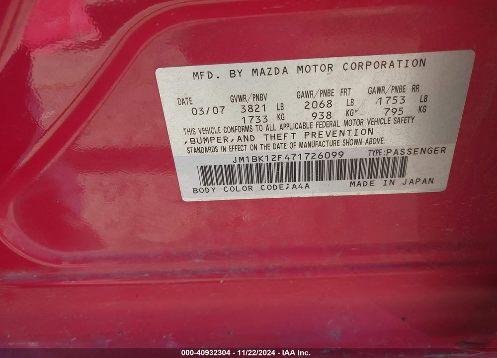 2007 MAZDA 3 I VIN: JM1BK12F471726099