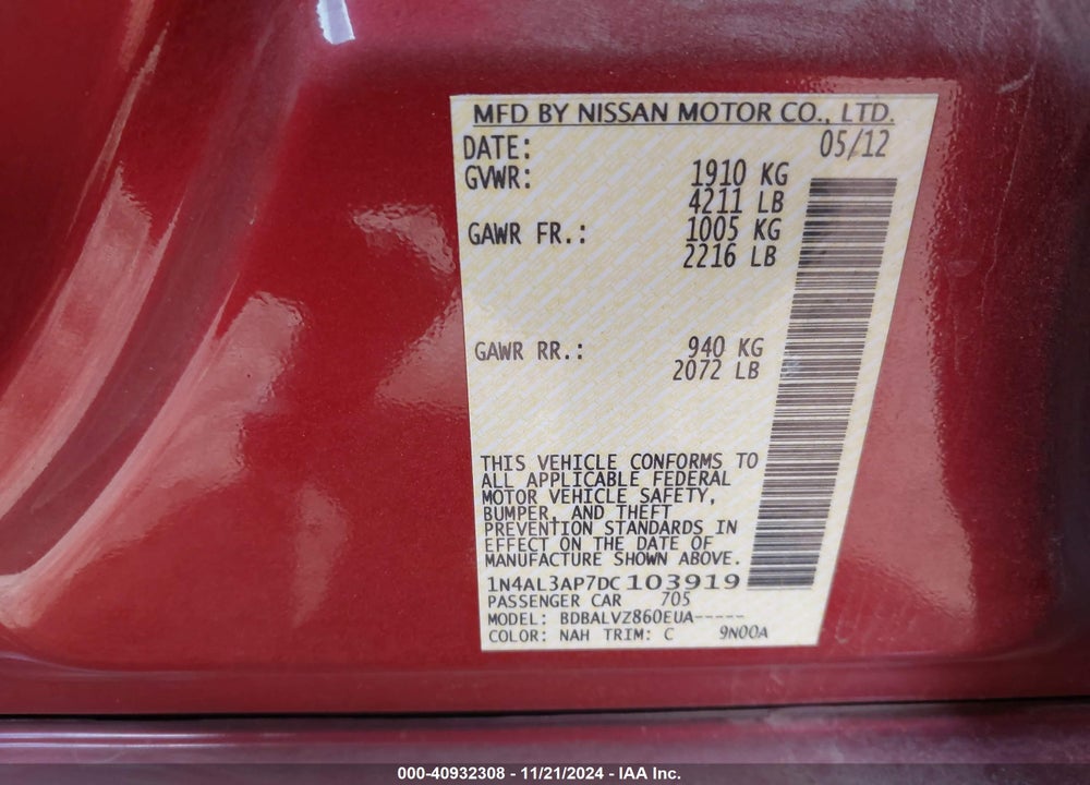 2013 NISSAN ALTIMA 2.5 SL VIN: 1N4AL3AP7DC103919