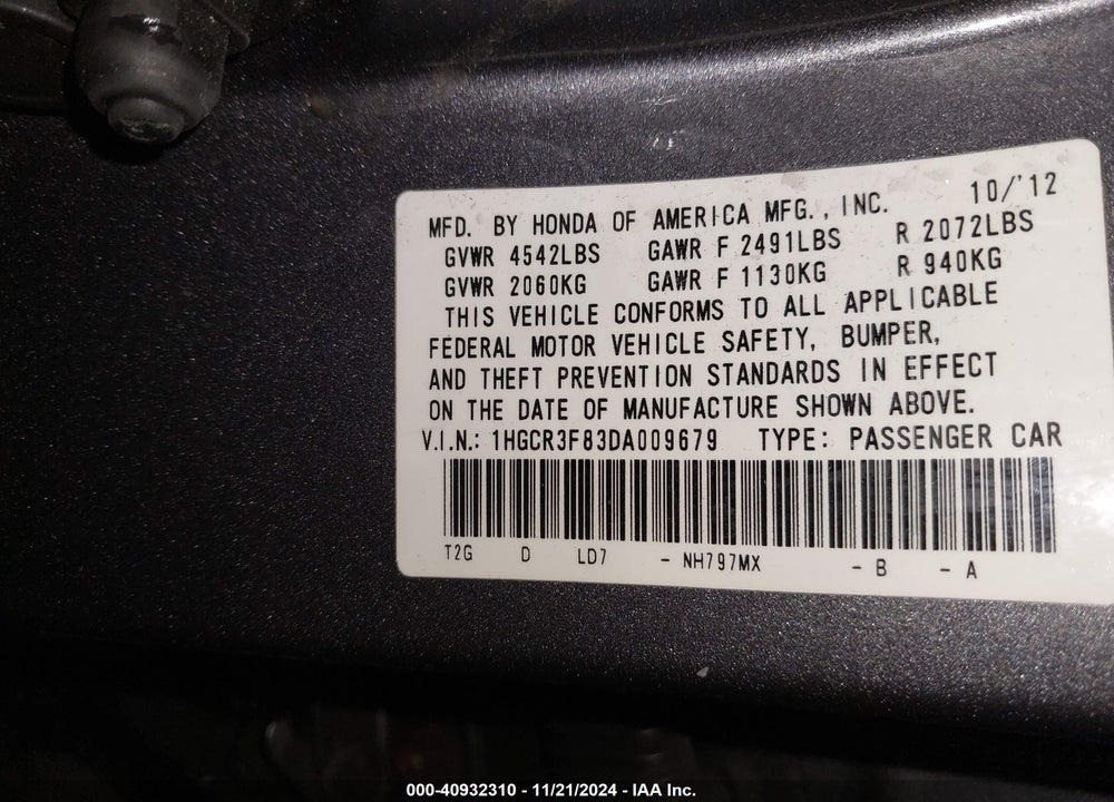 2013 HONDA ACCORD EX-L V-6 VIN: 1HGCR3F83DA009679