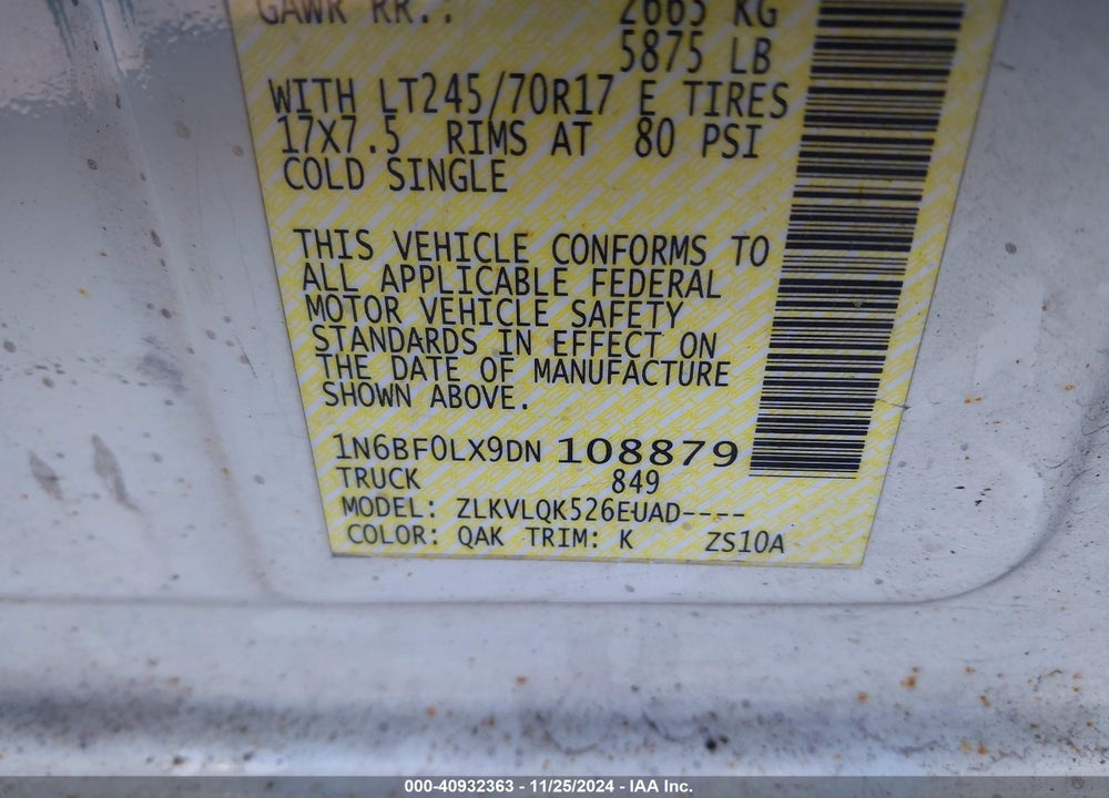 2013 NISSAN NV CARGO NV2500 HD S V6 VIN: 1N6BF0LX9DN108879