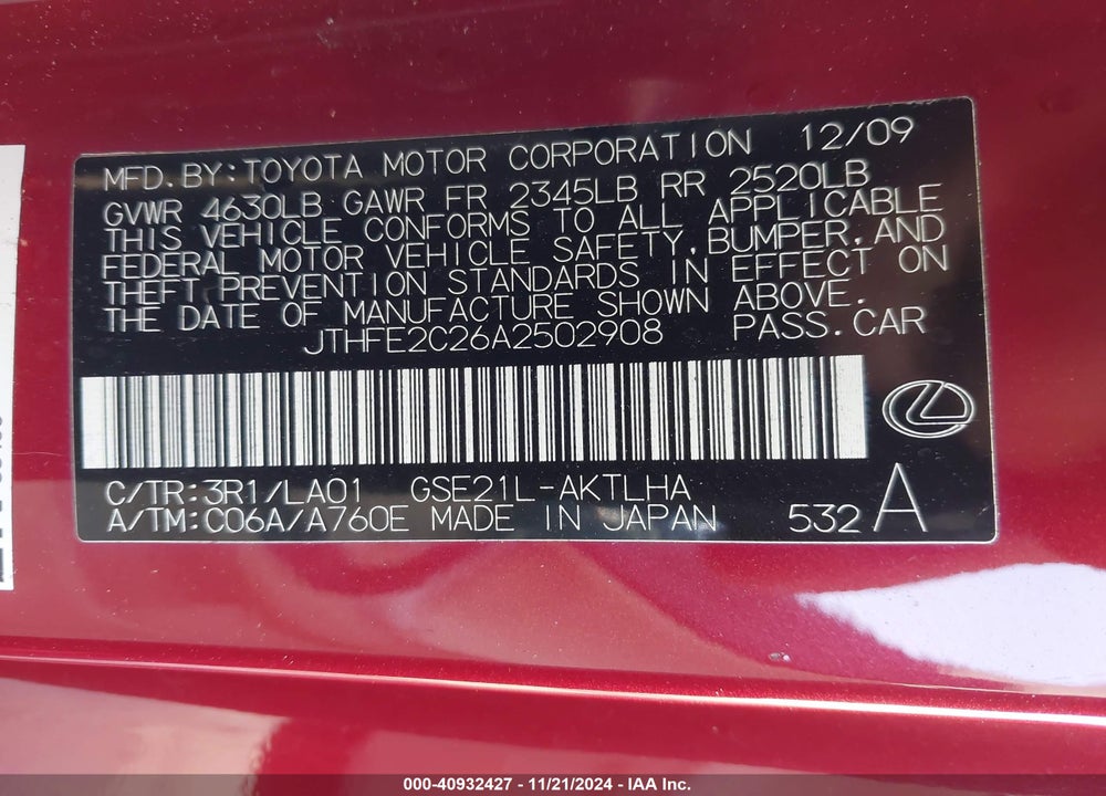2010 LEXUS IS 350C VIN: JTHFE2C26A2502908