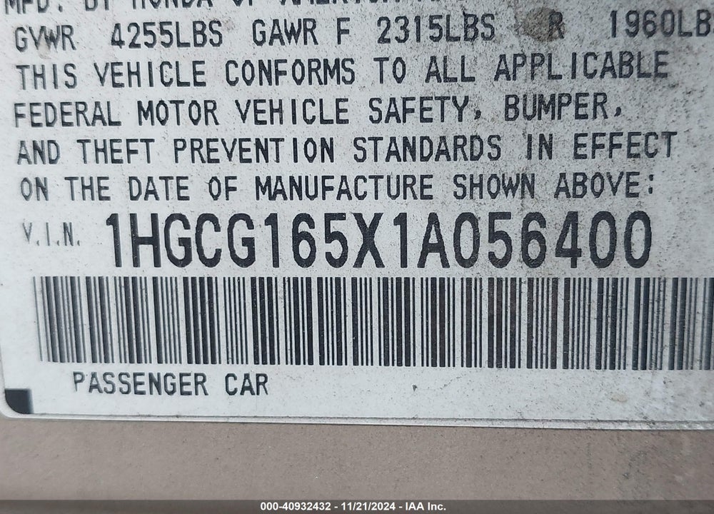 2001 HONDA ACCORD 3.0 EX VIN: 1HGCG165X1A056400