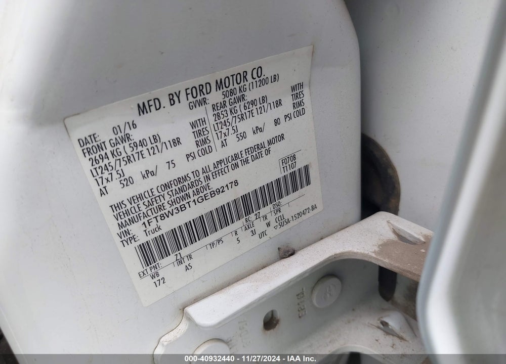 2016 FORD F-350 XL VIN: 1FT8W3BT1GEB92178