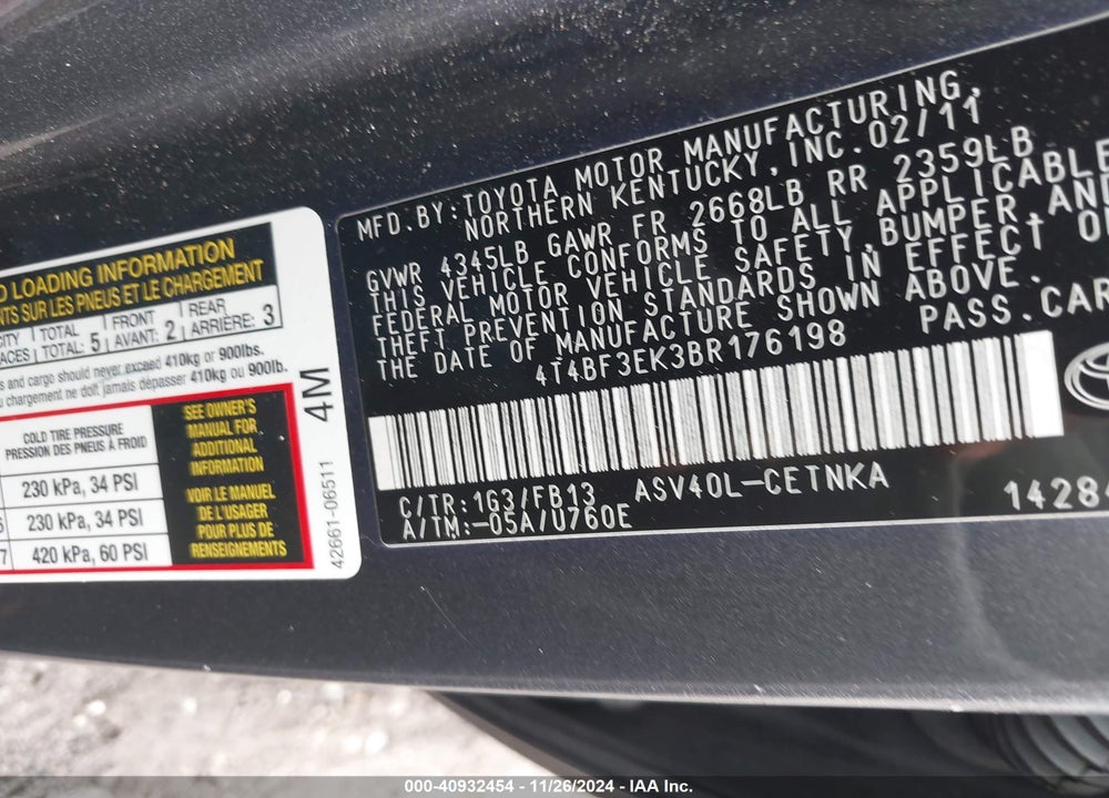 2011 TOYOTA CAMRY LE VIN: 4T4BF3EK3BR176198