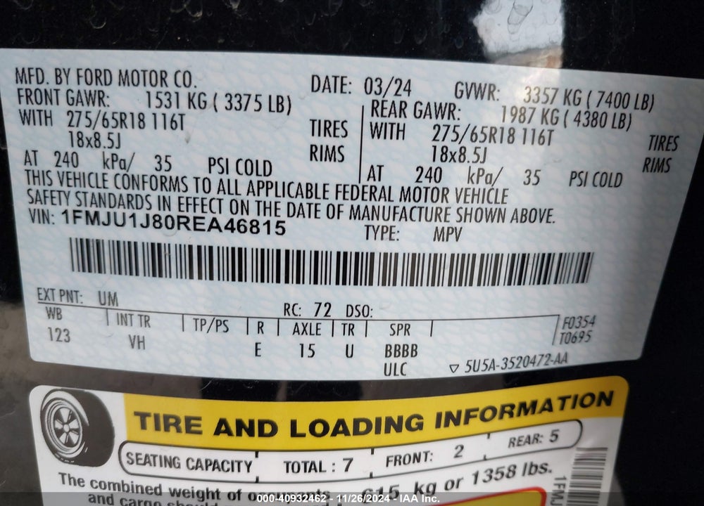 2024 FORD EXPEDITION XLT VIN: 1FMJU1J80REA46815