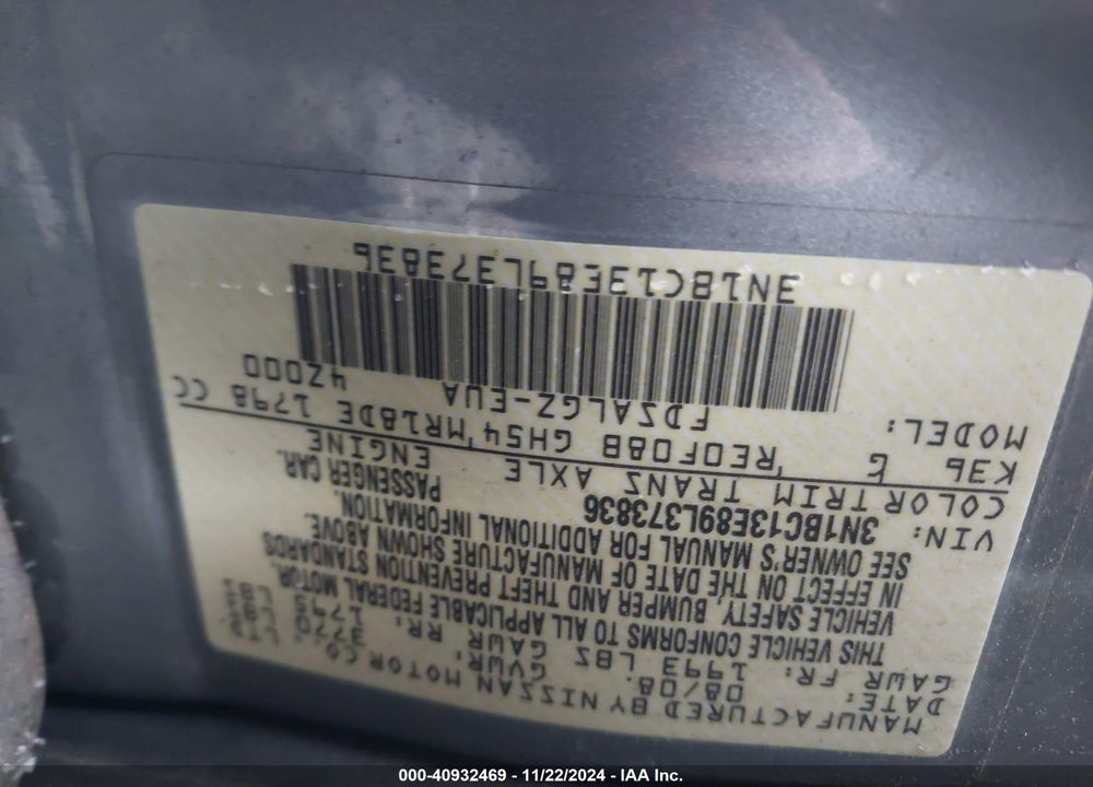 2009 NISSAN VERSA 1.8SL VIN: 3N1BC13E89L373836