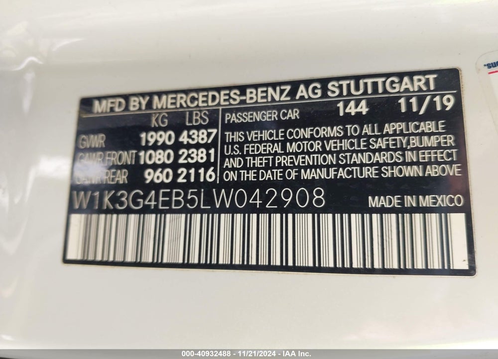2020 MERCEDES-BENZ A 220 VIN: W1K3G4EB5LW042908
