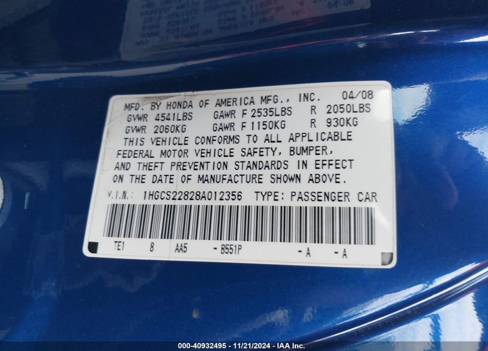 2008 HONDA ACCORD 3.5 EX-L VIN: 1HGCS22828A012356