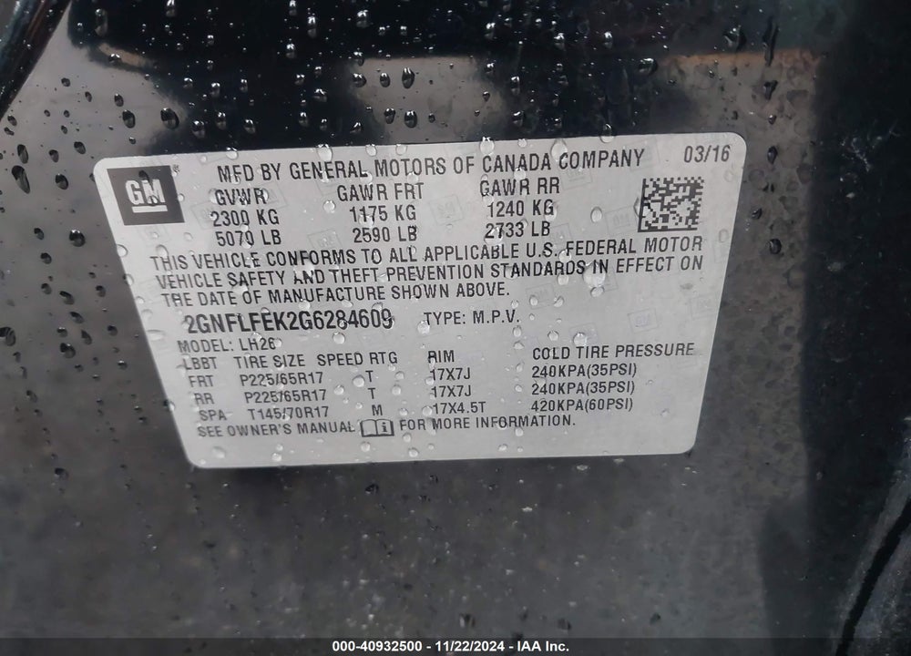 2016 CHEVROLET EQUINOX VIN: 2GNFLFEK2G6284609