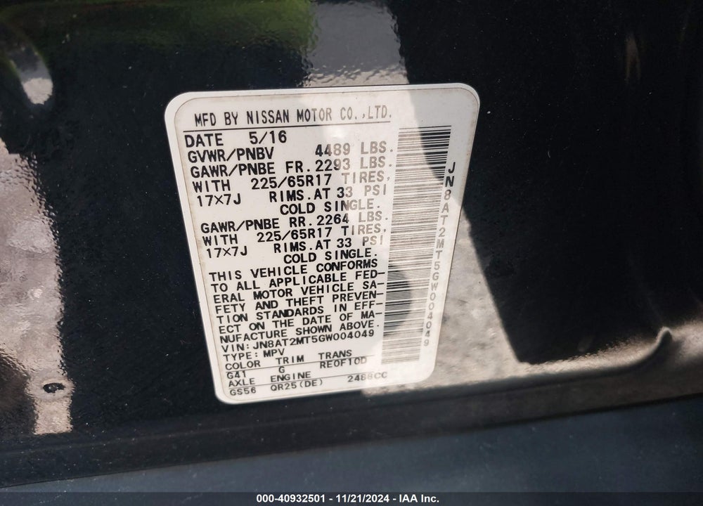 2016 NISSAN ROGUE S VIN: JN8AT2MT5GW004049