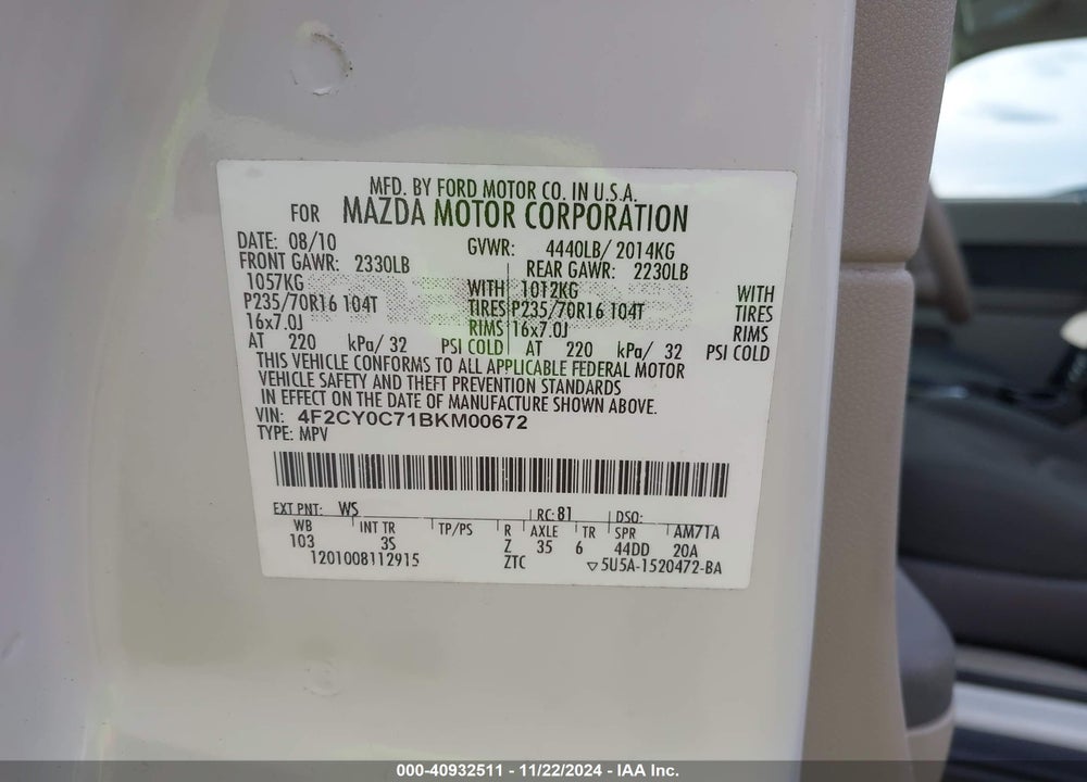 2011 MAZDA TRIBUTE I SPORT VIN: 4F2CY0C71BKM00672