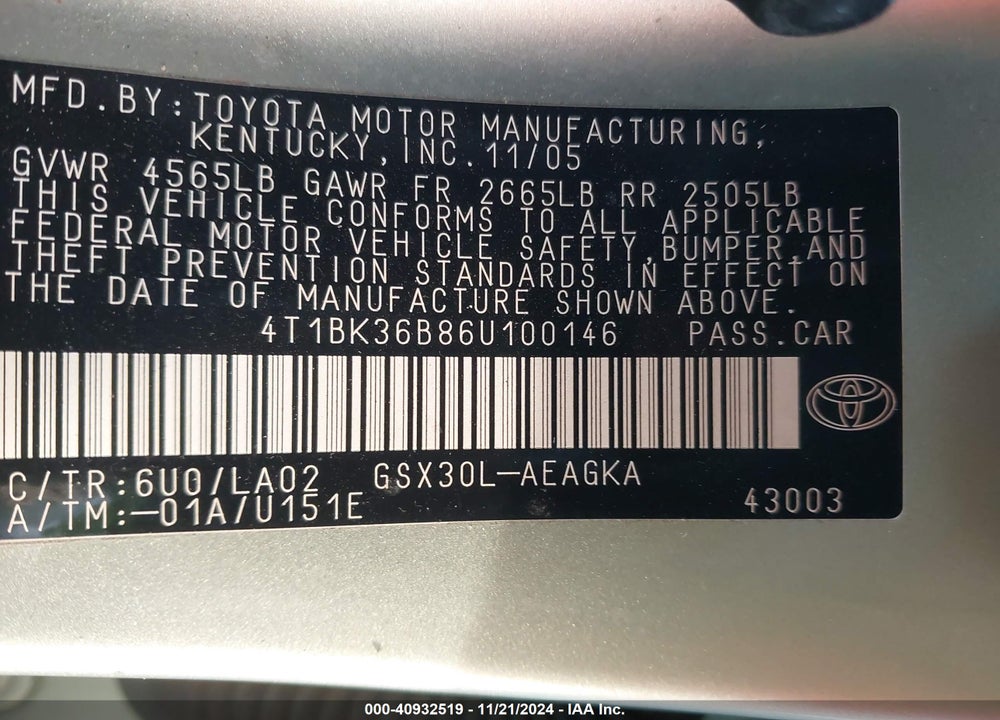 2006 TOYOTA AVALON XLS VIN: 4T1BK36B86U100146