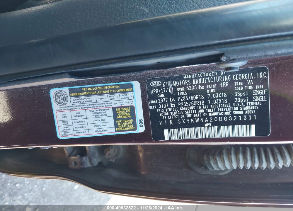 2013 KIA SORENTO SX VIN: 5XYKW4A20DG321311