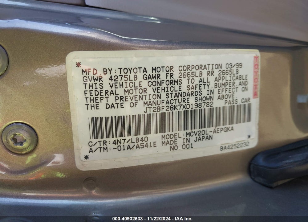 1999 TOYOTA CAMRY VIN: JP2BS28K7X0198782