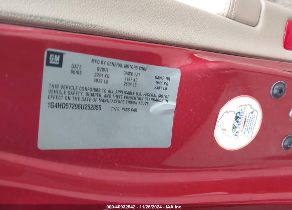 2006 BUICK LUCERNE CXL VIN: 1G4HD57296U252855