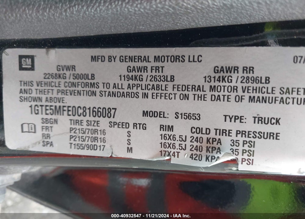2012 GMC CANYON SLE1 VIN: 1GTE5MFE0C8166087
