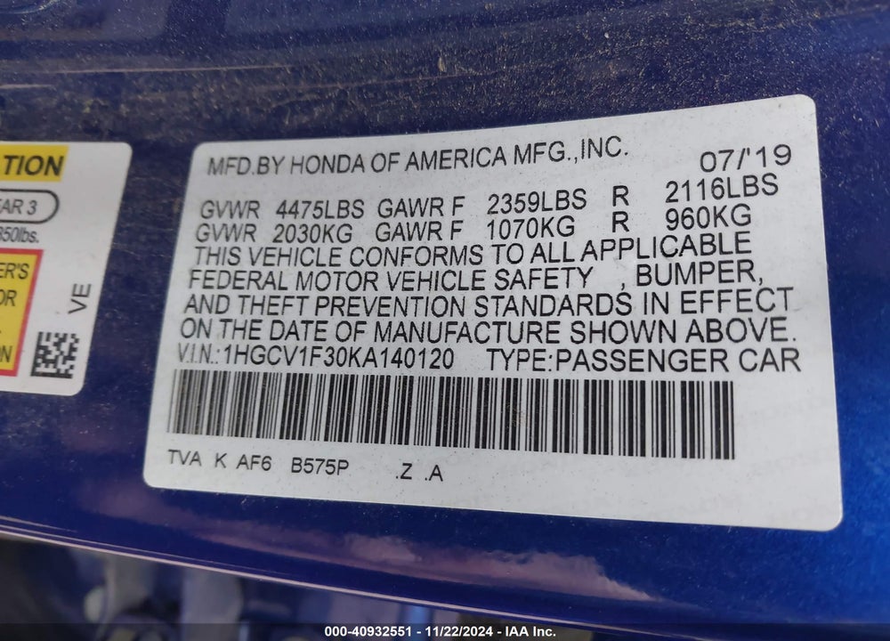 2019 HONDA ACCORD SPORT VIN: 1HGCV1F30KA140120