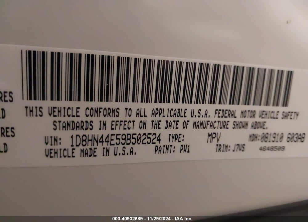 2009 DODGE GRAND CARAVAN SE VIN: 1D8HN44E59B502524