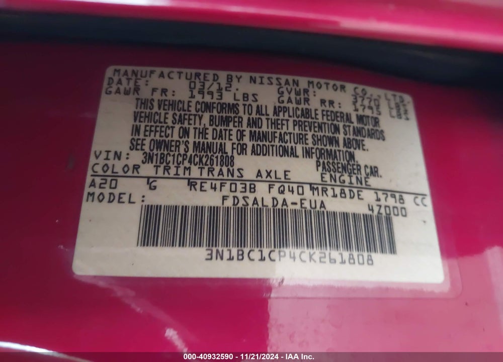 2012 NISSAN VERSA 1.8 S VIN: 3N1BC1CP4CK261808