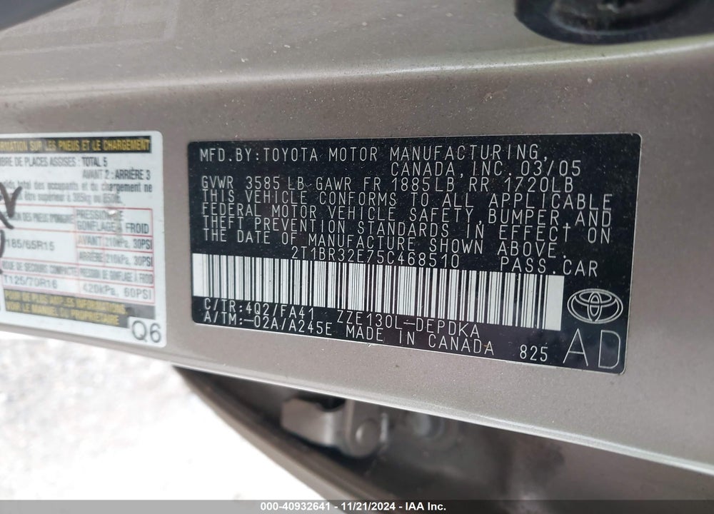 2005 TOYOTA COROLLA CE VIN: 2T1BR32E75C468510