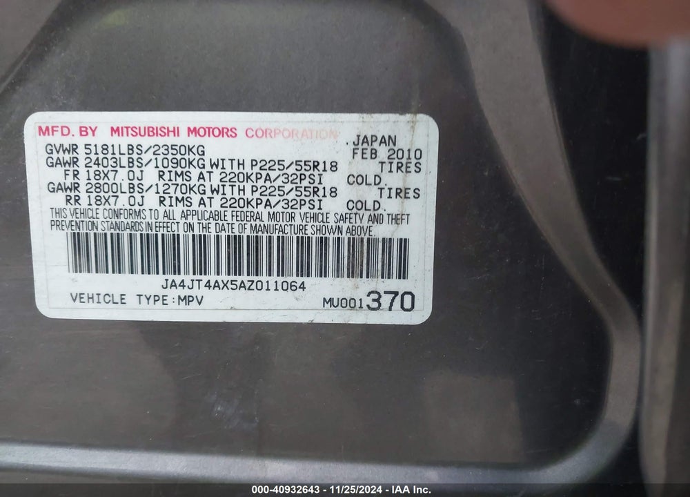 2010 MITSUBISHI OUTLANDER XLS VIN: JA4JT4AX5AZ011064