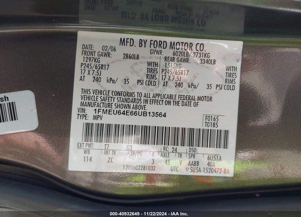 2006 FORD EXPLORER EDDIE BAUER VIN: 1FMEU64E66UB13564