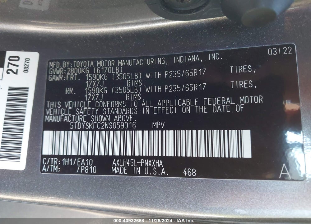 2022 TOYOTA SIENNA XLE VIN: 5TDYSKFC2NS059016