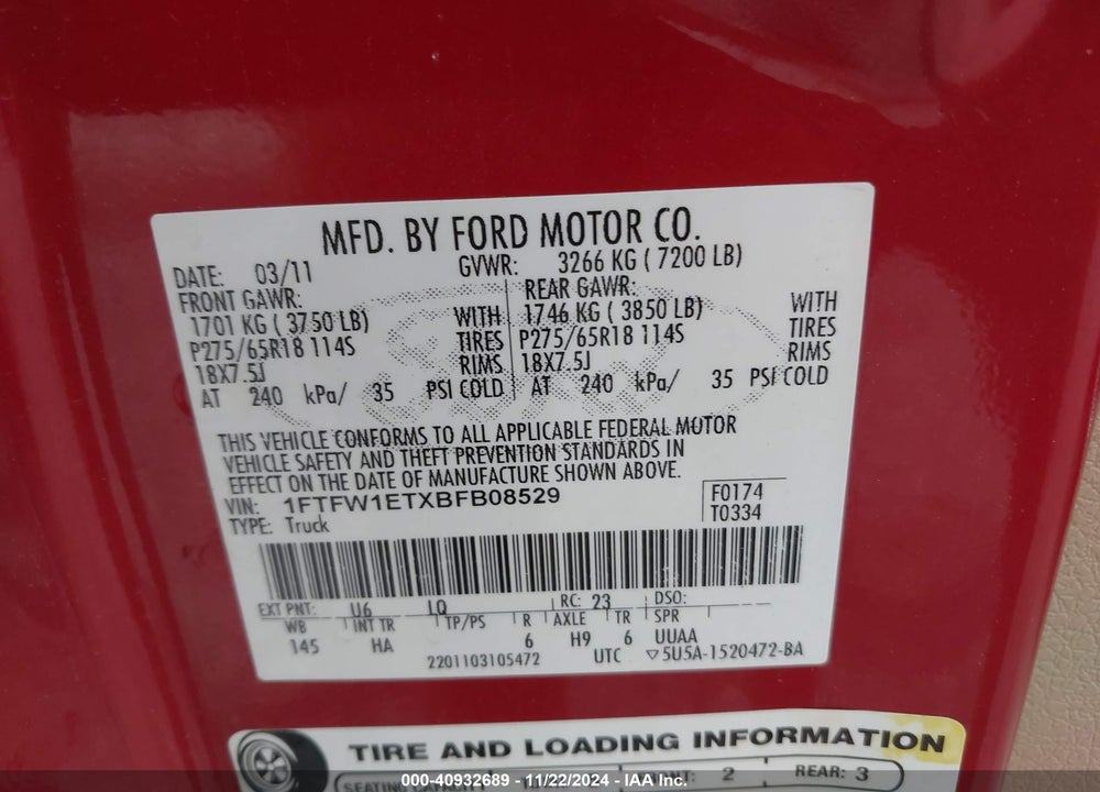 2011 FORD F-150 VIN: 1FTFW1ETXBFB08529
