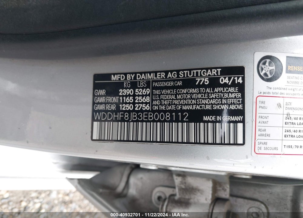 2014 MERCEDES-BENZ E VIN: WDDHF8JB3EB008112
