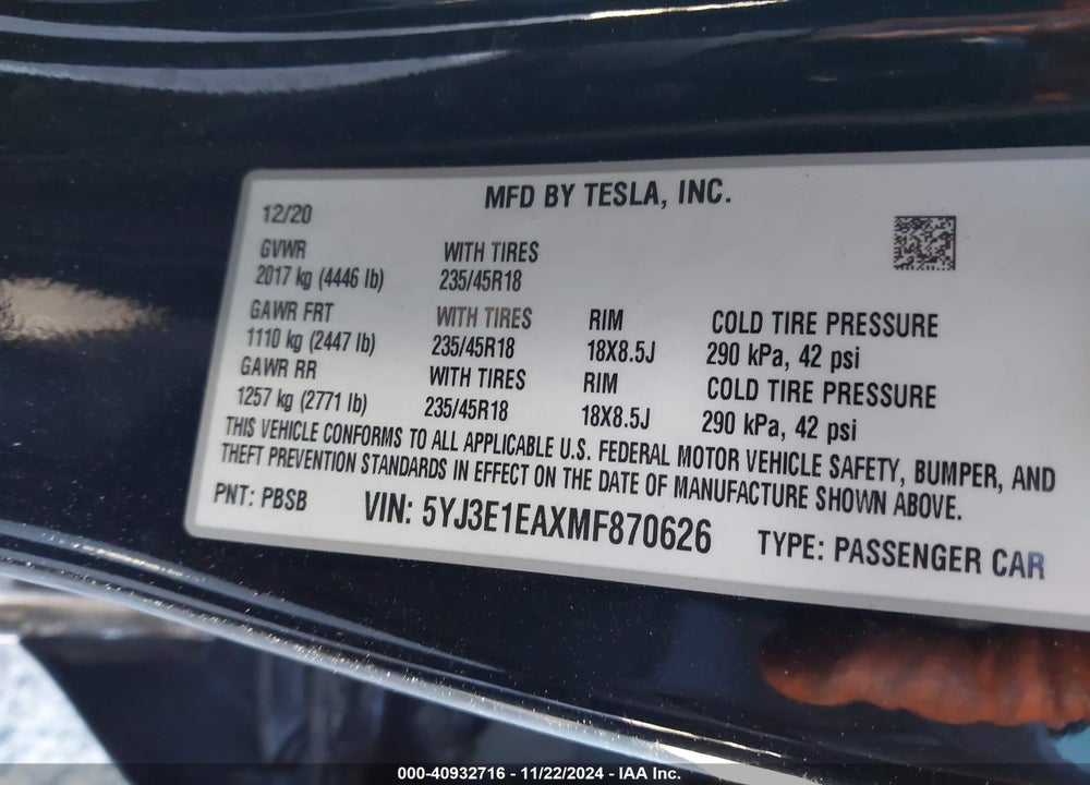 2021 TESLA MODEL 3 STANDARD RANGE PLUS REAR-WHEEL DRIVE VIN: 5YJ3E1EAXMF870626