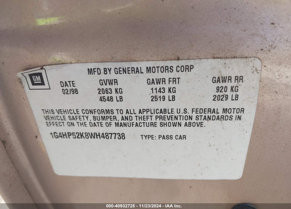 1998 BUICK LESABRE CUSTOM VIN: 1G4HP52K8WH487738