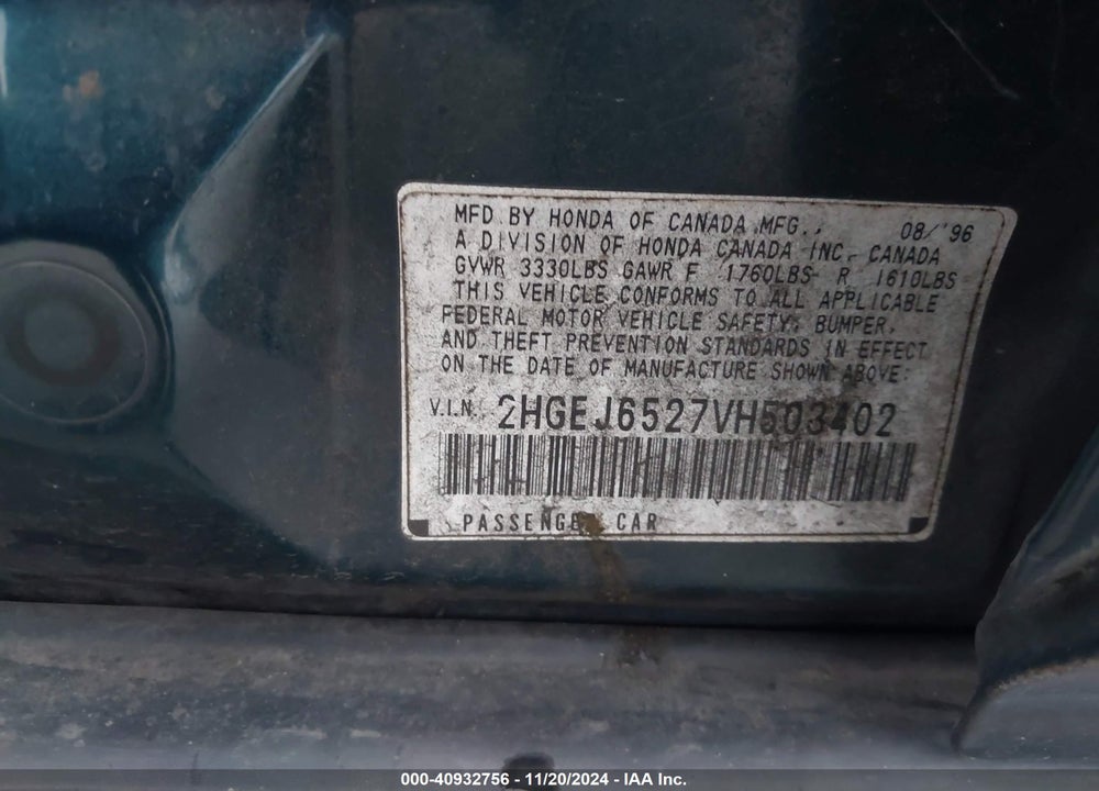 1997 HONDA CIVIC DX VIN: 2HGEJ6527VH503402