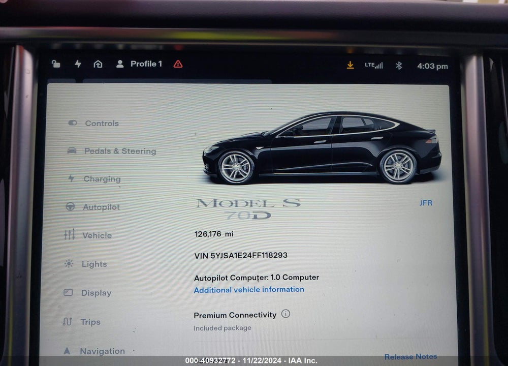 2015 TESLA MODEL S VIN: 5YJSA1E24FF118293