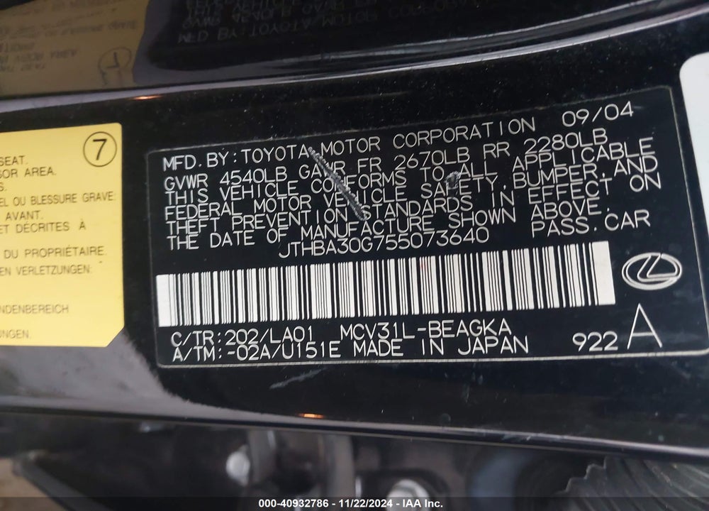 2005 LEXUS ES 330 VIN: JTHBA30G755073640