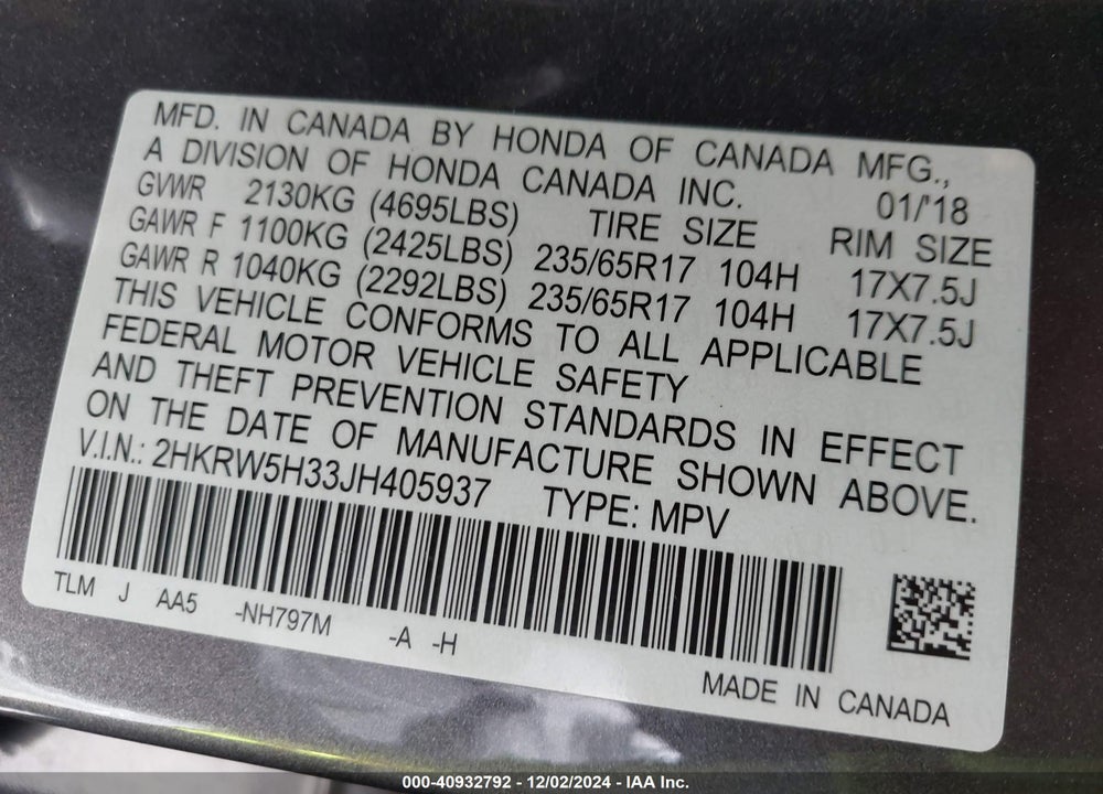 2018 HONDA CR-V LX VIN: 2HKRW5H33JH405937