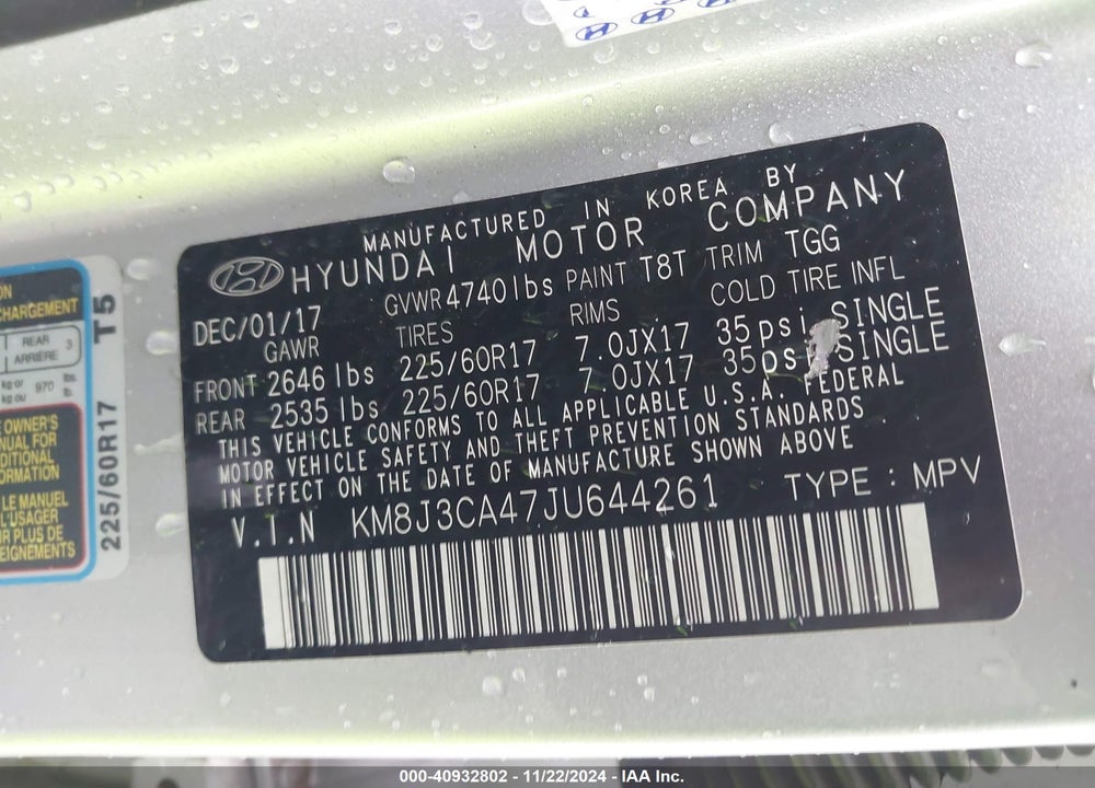 2018 HYUNDAI TUCSON SEL VIN: KM8J3CA47JU644261