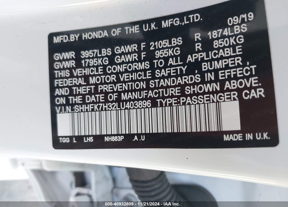 2020 HONDA CIVIC LX VIN: SHHFK7H32LU403896